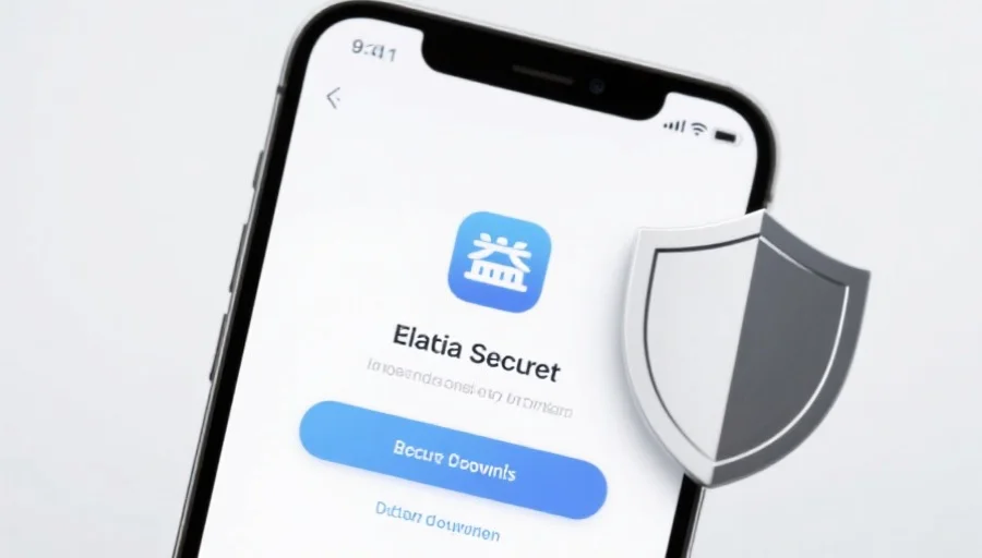 一部现代智能手机屏幕上显示焦点应用的安全下载界面，旁边有安全盾牌图标，背景简洁