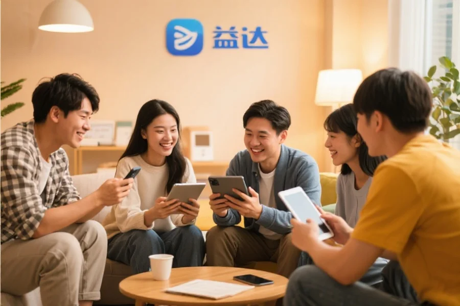 一群年轻用户围坐在一起，使用平板和手机愉快地交流，背景温馨现代，象征焦点应用的社区活跃氛围